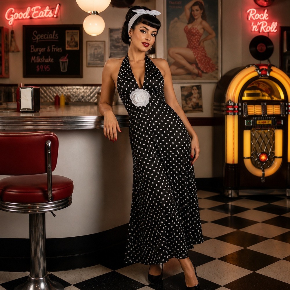 Polka Dot Halter Maxi Dress Womens Small Rose Detail Retro Pin Up Rockabilly 50s